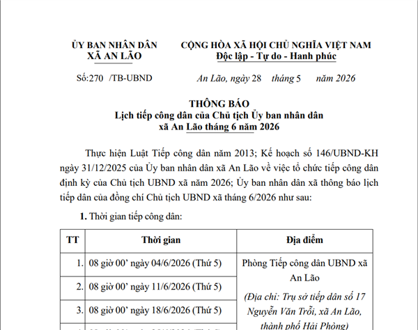 Thông báo Lịch tiếp công dân của Chủ tịch Ủy ban nhân dân xã An Lão tháng 6 năm 2026