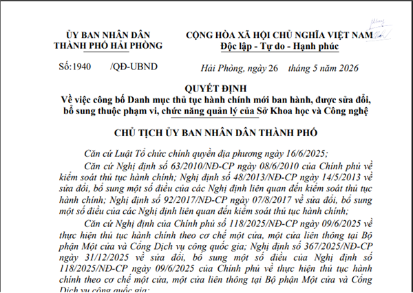 Quyết định số:1940/QĐ-UBND ngày 26/5/2026 của Chủ tịch UBND thành phố Hải Phòng về việc công bố Danh mục thủ tục hành chính mới ban hành, được sửa đổi, bổ sung và bị bãi bỏ thuộc phạm vi quản lý của Sở Khoa học và Công nghệ