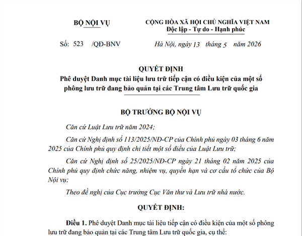 Quyết định phê duyệt Danh mục tài liệu lưu trữ tiếp cận có điều kiện của một số phông lưu trữ đang bảo quản tại các Trung tâm Lưu trữ quốc gia