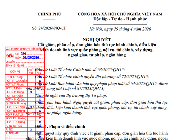Nghị quyết cắt giảm, phân cấp, đơn giản hóa thủ tục hành chính, điều kiện kinh doanh lĩnh vực quốc phòng, nội vụ, tài chính, xây dựng, ngoại giao, tư pháp, ngân hàng
