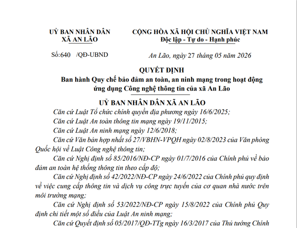 Quyết định ban hành Quy chế bảo đảm an toàn, an ninh mạng trong hoạt động ứng dụng Công nghệ thông tin của xã An Lão