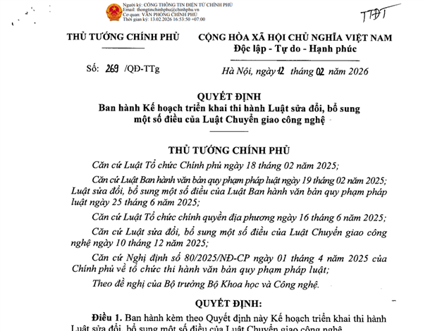 Quyết định số 269/QĐ-TTg của Thủ tướng Chính phủ: Ban hành Kế hoạch triển khai thi hành Luật sửa đổi, bổ sung một số điều của Luật Chuyển giao công nghệ