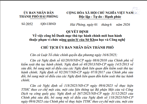Quyết định số:2052/QĐ-UBND ngày 01/6/2026 của Chủ tịch UBND thành phố Hải Phòng Về việc công bố Danh mục thủ tục hành chính mới ban hành thuộc phạm vi chức năng quản lý của Sở Khoa học và Công nghệ