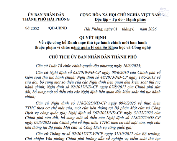 Quyết định số:2052/QĐ-UBND ngày 01/6/2026 của Chủ tịch UBND thành phố Hải Phòng Về việc công bố Danh mục thủ tục hành chính mới ban hành thuộc phạm vi chức năng quản lý của Sở Khoa học và Công nghệ