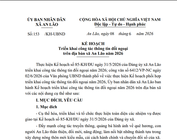 Kế hoạch số 153/KH-UBND CỦA Ủy ban nhân dân xã An Lão ngày  08/6/2026 Triển khai công tác thông tin đối ngoại trên địa bàn xã An Lão năm 2026
