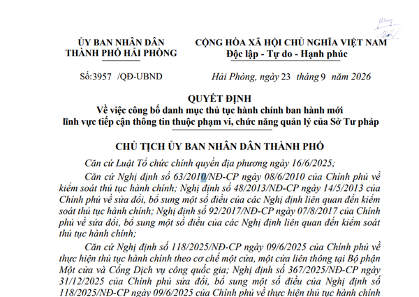 Quyết đinh số 3957/QĐ-UBND ngày 23/9/2026 Về việc công bố danh mục thủ tục hành chính ban hành mới lĩnh vực tiếp cận thông tin thuộc phạm vi, chức năng quản lý của Sở Tư pháp