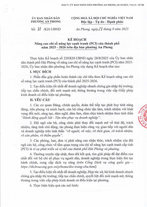 Kế hoạc nâng cao chỉ số năng lực cạnh tranh (PCI) của thành phố năm 2025 - 2026 trên địa bàn phường An Phong