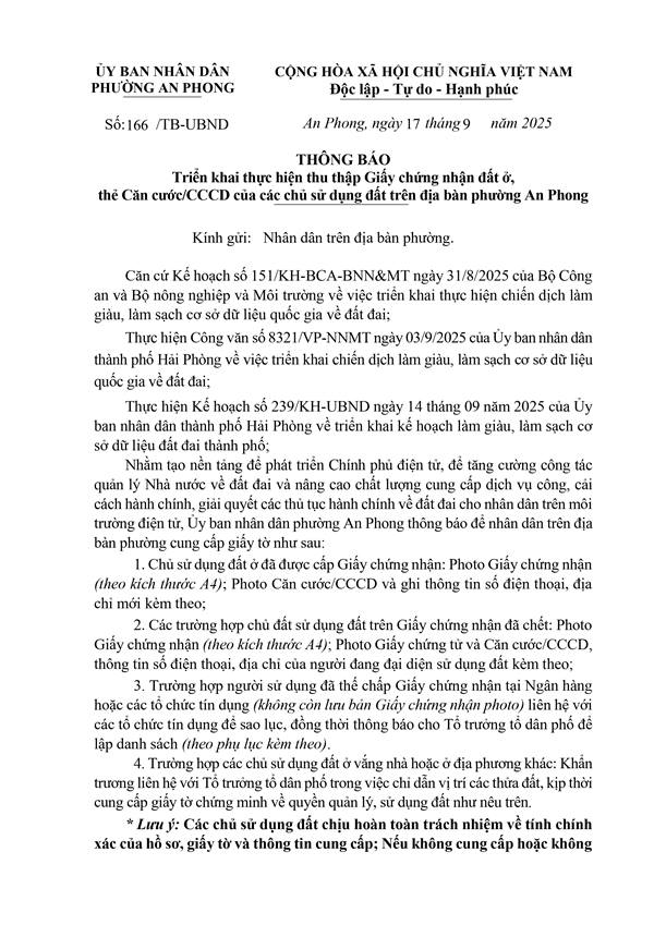 UBND phường An Phong có Thông báo số 166/ TB - UBND về việc triển khai thu thập Giấy chứng nhận quyền sử dụng đất, thẻ Căn cước, Căn cước công dân của các chủ sử dụng đất phục vụ chiến dịch làm giàu, làm sạch cơ sở dữ liệu đất đai trên địa bàn phường An Phong, thành phố Hải Phòng.