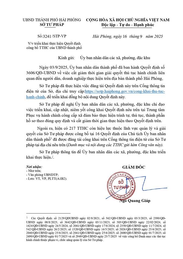 Văn bản số 3241/STP-VP Triển khai thực hiện Quyết định công bố TTHC của UBND thành phố