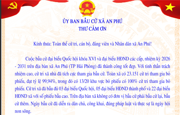Ủy ban Bầu cử xã An Phú gửi thư cảm ơn cử tri trong xã