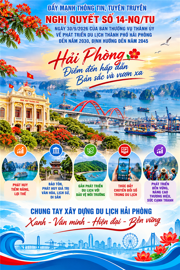 Nghị quyết số 14-NQ/TU ngày 30/9/2026 của Ban Thường vụ Thành ủy về phát triển du lịch thành phố Hải Phòng đến năm 2030, định hướng đến năm 2045