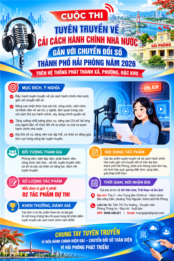 Triển khai phát động Cuộc thi “Tuyên truyền về cải cách hành chính nhà nước gắn với chuyển đổi số thành phố Hải Phòng năm 2026 trên hệ thống phát thanh”