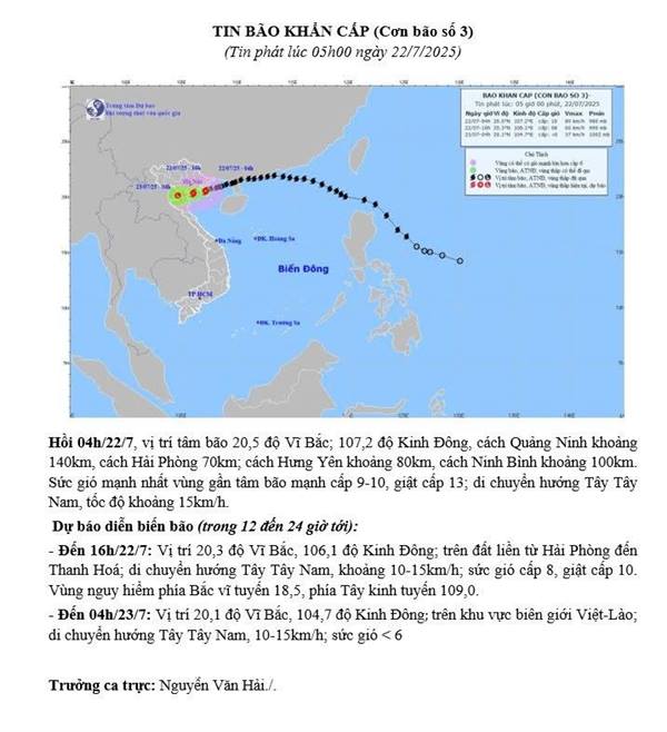 TIN BÃO KHẨN CẤP BÃO SỐ 3 (Tin lúc 05h00' ngày 22/7/2025)