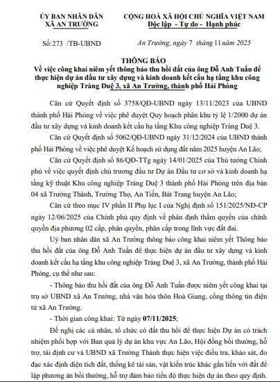 Thông báo 273/TB-UBND ngày 07/11/2025 của UBND xã về việc công khai niêm yết thông báo thu hồi đất của ông Đỗ Anh Tuấn để thực hiện dự án đầu tư xây dựng và kinh doanh kết cấu hạ tầng khu công nghiệp Tràng Duệ 3, xã An Trường, thành phố Hải Phòng