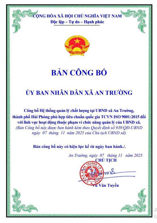 BẢN CÔNG BỐ HỆ THỐNG QUẢN LÝ CHẤT LƯỢNG TẠI UBND XÃ AN TRƯỜNG