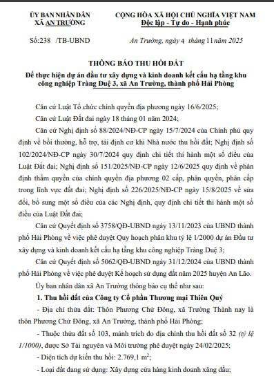 Thông báo số 238/TB-UBND về thu hồi đất thực hiện dự án đầu tư xây dựng và kinh doanh kết cấu hạ tầng khu
công nghiệp Tràng Duệ 3, xã An Trường, thành phố Hải Phòng