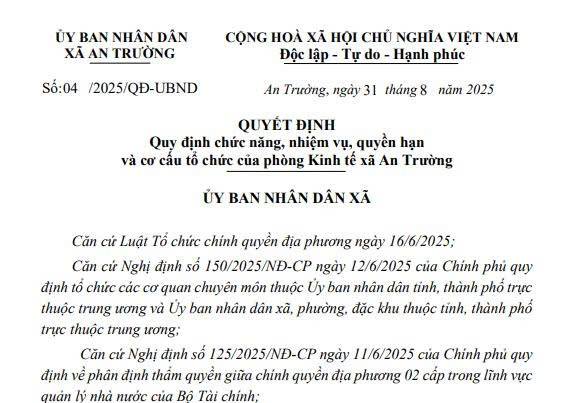 ỦY BAN NHÂN DÂN XÃ AN TRƯỜNG BAN HÀNH QUYẾT ĐỊNH  QUY ĐỊNH CHỨ NĂNG, NHIỆM VỤ, QUYỀN HẠN VÀ CƠ CẤU TỔ CHỨC CỦA PHÒNG KINH TẾ XÃ
Quy định chức năng, nhiệm vụ, quyền hạn 
và cơ cấu tổ chức của phòng Kinh tế xã An Trường 