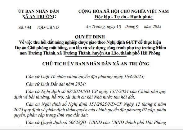 Về việc thu hồi đất  nông nghiệp được giao theo Nghị định 64/CP của ông Nguyễn Văn Tông để thực hiện  
Dự án Giải phóng mặt bằng, san lấp và xây dựng công trình phụ trợ trường Mầm 
non Trường Thành, xã Trường Thành, huyện An Lão, thành phố Hải Phòng