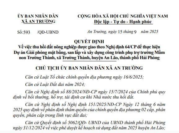 Về việc thu hồi đất  nông nghiệp được giao theo Nghị định 64/CP của ông Nguyễn Văn Oánh để thực hiện  
Dự án Giải phóng mặt bằng, san lấp và xây dựng công trình phụ trợ trường Mầm 
non Trường Thành, xã Trường Thành, huyện An Lão, thành phố Hải Phòng