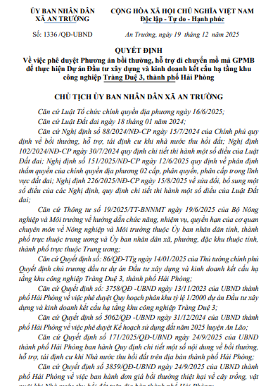 PHÊ DUYỆT PHƯƠNG ÁN BỒI THƯỜNG, HỖ TRỢ GIẢI PHÓNG MẶT BẰNG ĐỂ THỰC HIỆN DỰ ÁN ĐẦU TƯ  XÂY DỰNG KHU CÔNG NGHIỆP TRÀNG DUỆ 3 AN TRƯỜNG