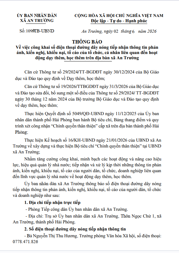 THÔNG BÁO: Về việc công khai số điện thoại đường dây nóng tiếp nhận thông tin phản ánh, kiến nghị, khiếu nại, tố cáo của tổ chức, cá nhân liên quan đến hoạt động dạy thêm, học thêm trên địa bàn xã An Trường