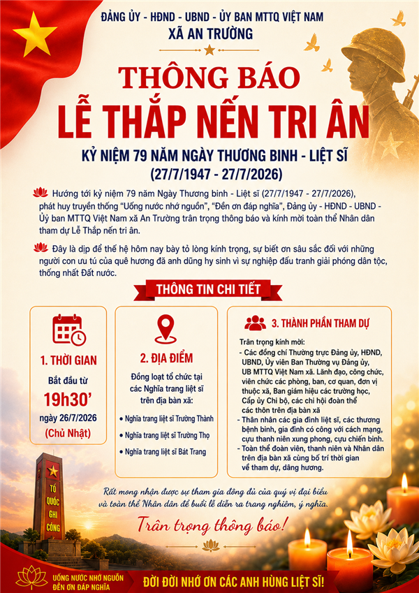 Thông báo Lễ thắp nến tri ân kỷ niệm 79 năm Ngày Thương binh - Liệt sĩ (27/7/1947 – 27/7/2026)