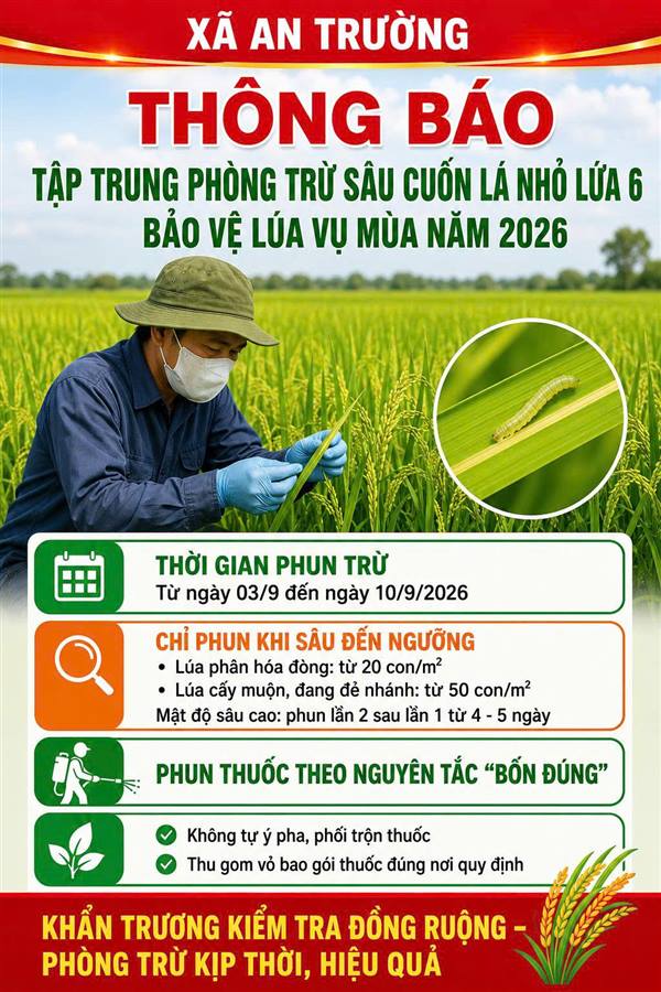 THÔNG BÁO: Về việc tập trung phòng trừ sâu cuốn lá nhỏ lứa 6, bảo vệ lúa vụ Mùa năm 2026