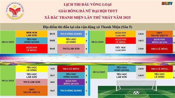 LỊCH THI ĐẤU  VÒNG LOẠI MÔN BÓNG CHUYỀN HƠI CAO TUỔI VÀ BÓNG ĐÁ NỮ TRONG CHƯƠNG TRÌNH THI ĐẤU ĐẠI HỘI THỂ DỤC THỂ THAO  XÃ BẮC THANH MIỆN  LẦN THỨ I, NĂM 2025.