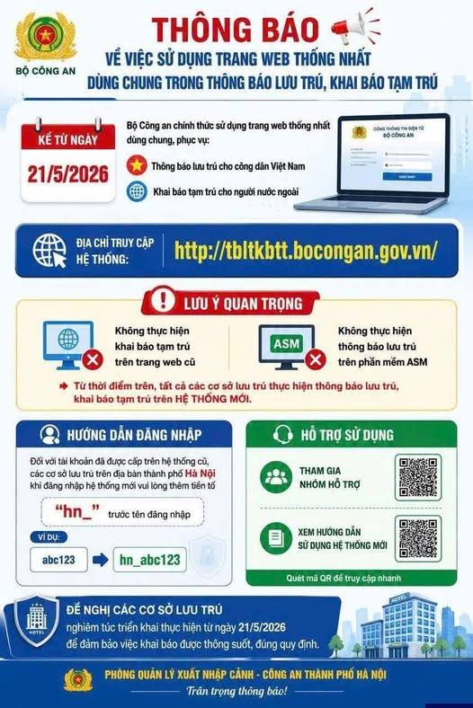 TỪ 21/5, KHAI BÁO LƯU TRÚ, TẠM TRÚ CHO NGƯỜI VIỆT NAM VÀ NGƯỜI NƯỚC NGOÀI TRÊN MỘT TRANG WEB CHUNG