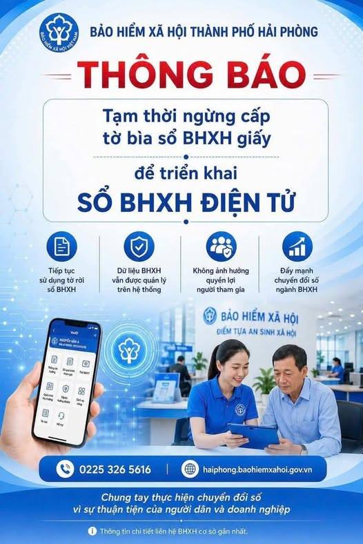  BHXH thành phố Hải Phòng thông báo tạm ngừng cấp tờ bìa sổ BHXH giấy