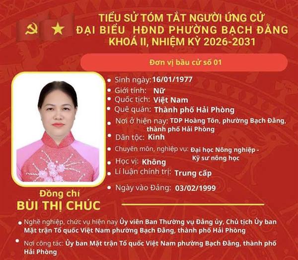 ỨNG CỬ VIÊN ĐẠI BIỂU HĐND PHƯỜNG BẠCH ĐẰNG NHIỆM KỲ 2026-2031 Ở ĐƠN VỊ BẦU CỬ SỐ 1 KHU VỰC NGŨ LÃO