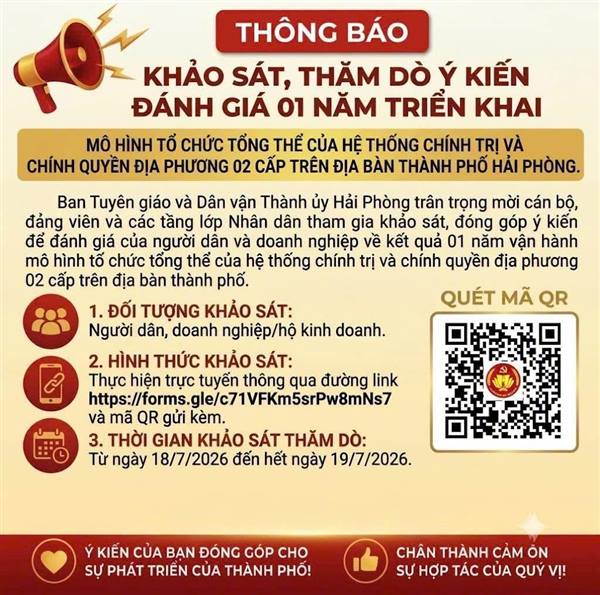 KHẢO SÁT, THĂM DÒ Ý KIẾN NHÂN DÂN VÀ DOANH NGHIỆP VỀ MÔ HÌNH TỔ CHỨC TỔNG THỂ HỆ THỐNG CHÍNH TRỊ VÀ CHÍNH QUYỀN ĐỊA PHƯƠNG 02 CẤP TRÊN ĐỊA BÀN THÀNH PHỐ HẢI PHÒNG 