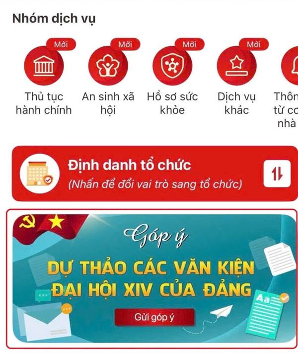 Hướng dẫn cán bộ, đảng viên và Nhân dân góp ý dự thảo các văn kiện Đại hội XIV trên ứng dụng VNeID mức độ 2