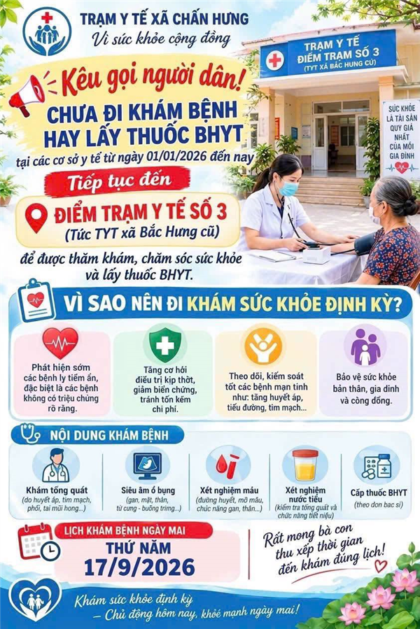 Xã Chấn Hưng tiếp tục khám sức khỏe, khám sàng lọc miễn phí cho Nhân dân năm 2026