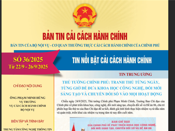 Bản tin điện tử cải cách hành chính số 36/2025, từ ngày 22/09/2025 đến ngày 26/09/2025