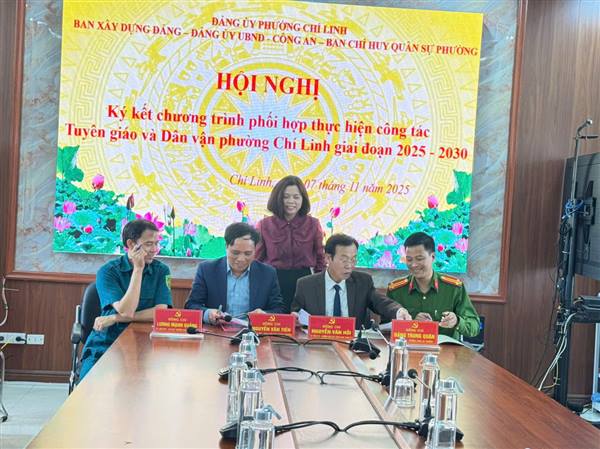 Hội nghị kí kết Chương trình phối hợp thực hiện công tác Tuyên giáo và Dân vận phường Chí Linh giai đoạn 2025-2030 giữa Ban Xây dựng Đảng - Đảng Ủy phường; Ủy ban nhân dân phường; Công an phường; Ban chỉ huy quân sự phường.