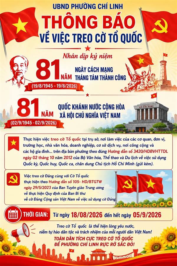 THÔNG BÁO VỀ VIỆC TREO CỜ TỔ QUỐC NHÂN DỊP KỶ NIỆM 81 NĂM NGÀY CÁCH MẠNG THÁNG TÁM THÀNH CÔNG (19/8/1945-19/8/2026) VÀ QUỐC KHÁNH NƯỚC CỘNG HÒA XÃ HỘI CHỦ NGHĨA VIỆT NAM (02/9/1945-02/9/2026)