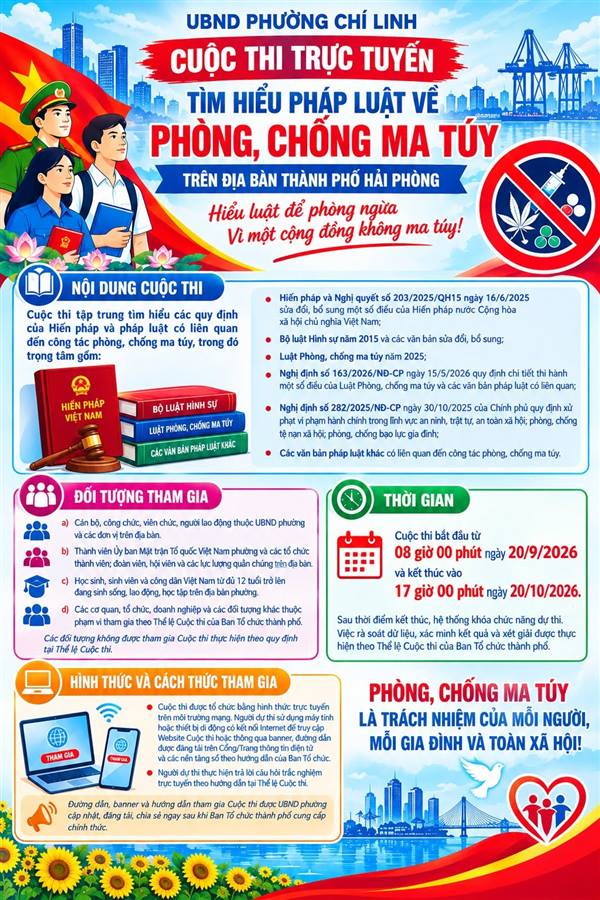 UBND PHƯỜNG CHÍ LINH PHÁT ĐỘNG CUỘC THI TRỰC TUYẾN “TÌM HIỂU PHÁP LUẬT VỀ PHÒNG, CHỐNG MA TÚY” TRÊN ĐỊA BÀN PHƯỜNG