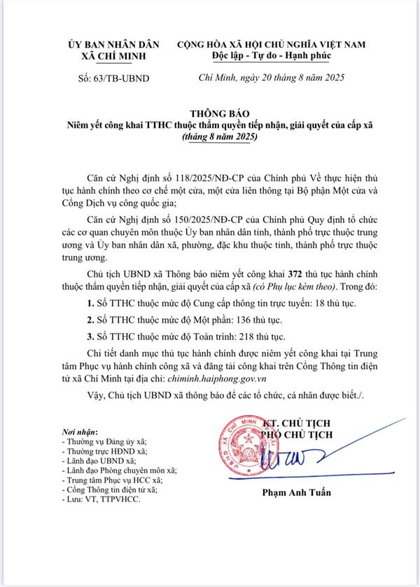 UBND xã Chí Minh triển khai giải pháp nâng cao điểm
 chỉ số cải cách hành chính

