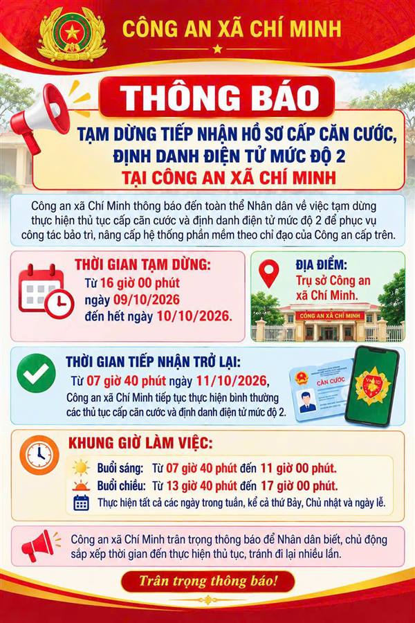 Thông báo tạm dừng tiếp nhận hồ sơ cấp căn cước, định danh điện tử mức độ 2