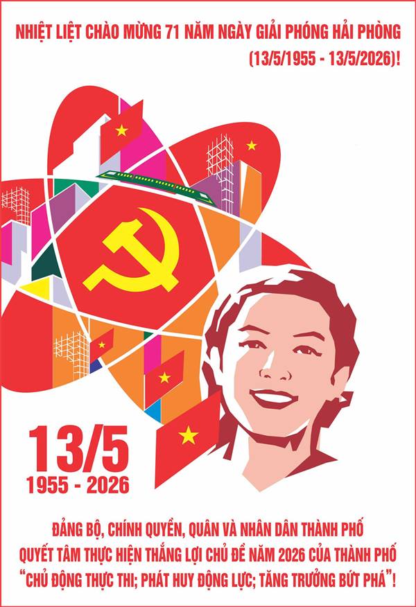 Tranh cổ động tuyên truyền trực quan về Lễ hội Hoa Phượng Đỏ - Hải Phòng năm 2026 với chủ đề "Hải Phòng - Hội tụ - Tỏa sáng". 