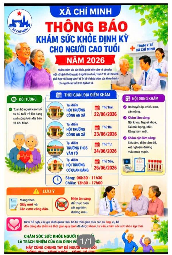 Thông báo về việc tổ chức khám sức khỏe định kỳ, sàng lọc một số bệnh thường gặp
cho người cao tuổi trên địa bàn xã (đợt II) năm 2026