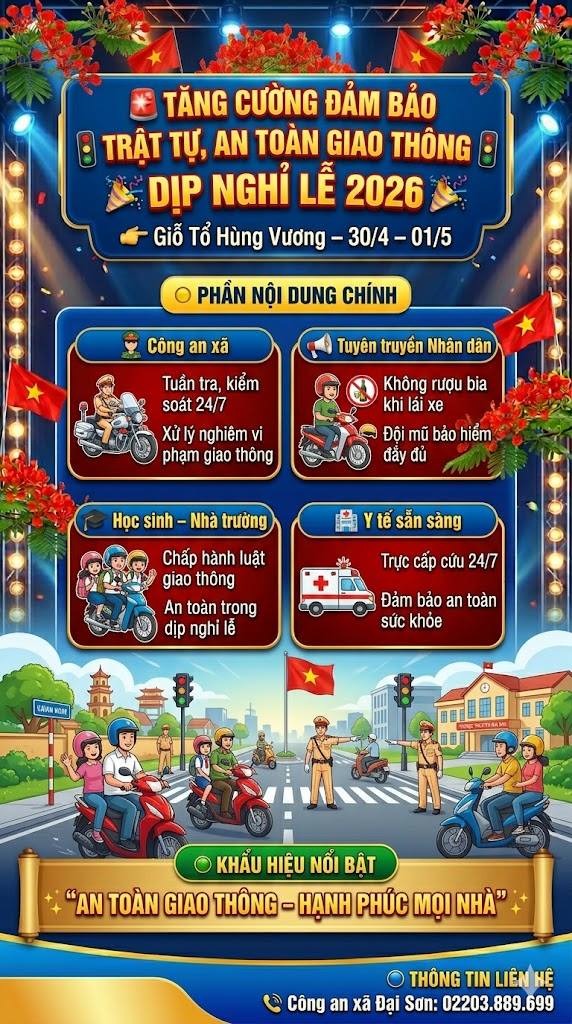 Đại Sơn tăng cường bảo đảm trật tự, an toàn giao thông dịp nghỉ Lễ Giỗ Tổ Hùng Vương và 30/4 – 01/5 năm 2026