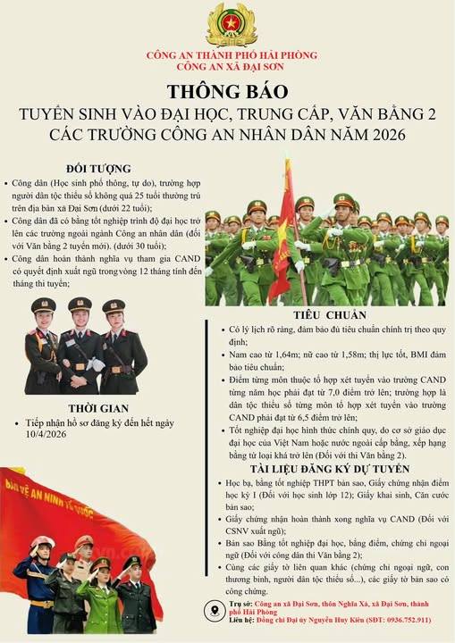 THÔNG BÁO TUYỂN SINH VÀO CÁC TRƯỜNG CÔNG AN NHÂN DÂN NĂM 2026