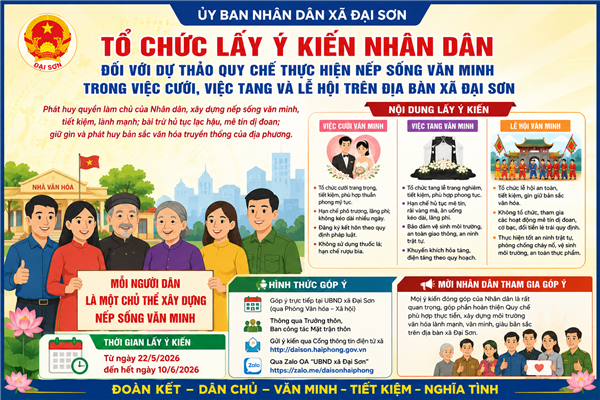 ỦY BAN NHÂN DÂN XÃ ĐẠI SƠN TỔ CHỨC LẤY Ý KIẾN NHÂN DÂN ĐỐI VỚI DỰ THẢO QUY CHẾ THỰC HIỆN NẾP SỐNG VĂN MINH TRONG VIỆC CƯỚI, VIỆC TANG VÀ LỄ HỘI