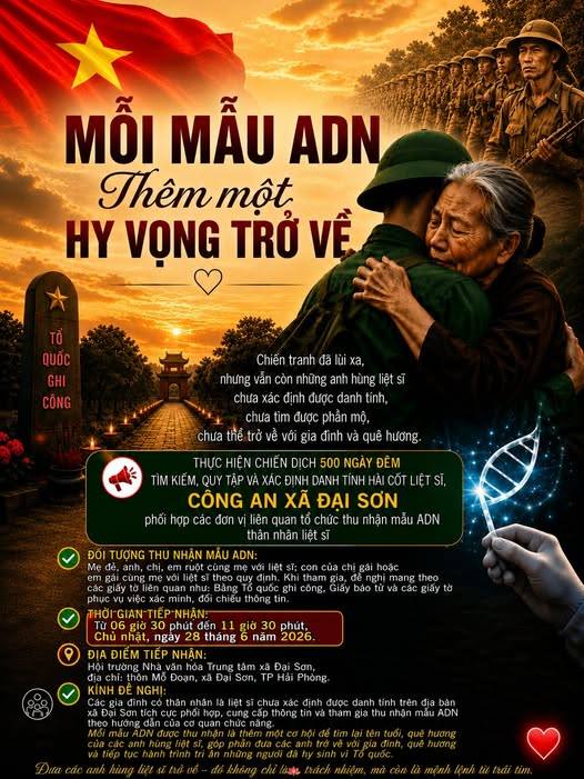 CÔNG AN XÃ ĐẠI SƠN
THÔNG BÁO
Về việc thu nhận mẫu ADN thân nhân liệt sĩ chưa xác định được danh tính