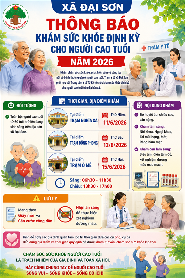  THÔNG BÁO KHÁM SỨC KHỎE ĐỊNH KỲ CHO NGƯỜI CAO TUỔI NĂM 2026