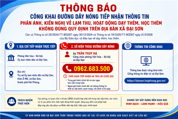 Xã Đại Sơn công khai đường dây nóng tiếp nhận phản ánh về lạm thu và dạy thêm, học thêm không đúng quy định