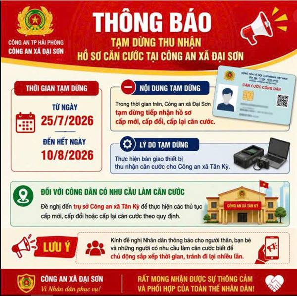 Thông báo tạm dừng thu nhận hồ sơ căn cước tại Công an xã Đại Sơn