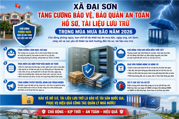 Xã Đại Sơn tăng cường bảo vệ, bảo quản an toàn hồ sơ, tài liệu lưu trữ trong mùa mưa bão năm 2026